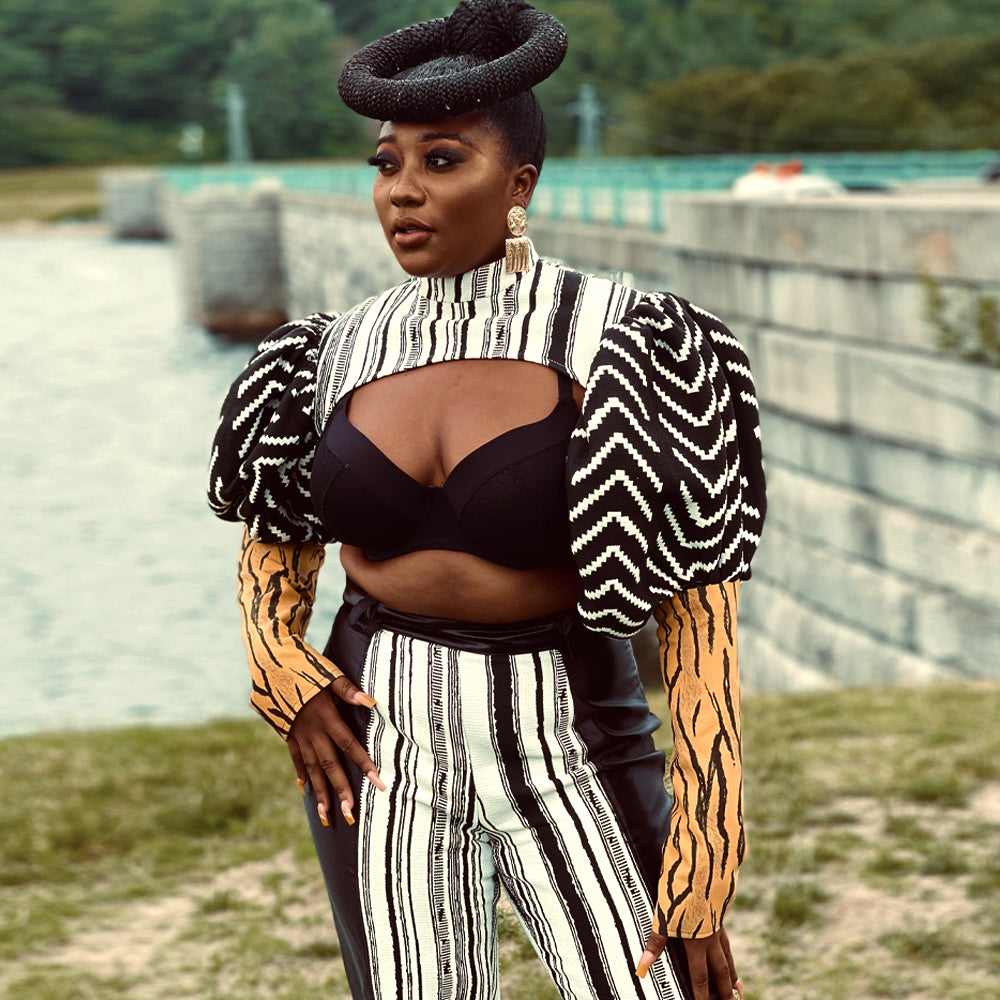 Ultra Short Crop Top Mock Neck w/Puff Sleeves