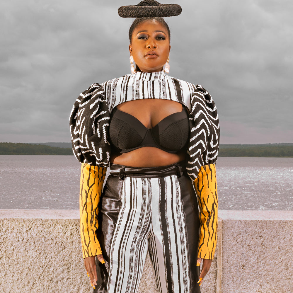 Ultra Short Crop Top Mock Neck w/Puff Sleeves