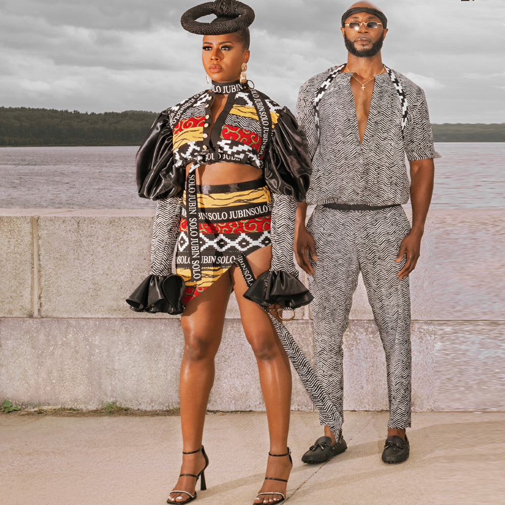 African Print Logo Top w/ Satin Puff Sleeves