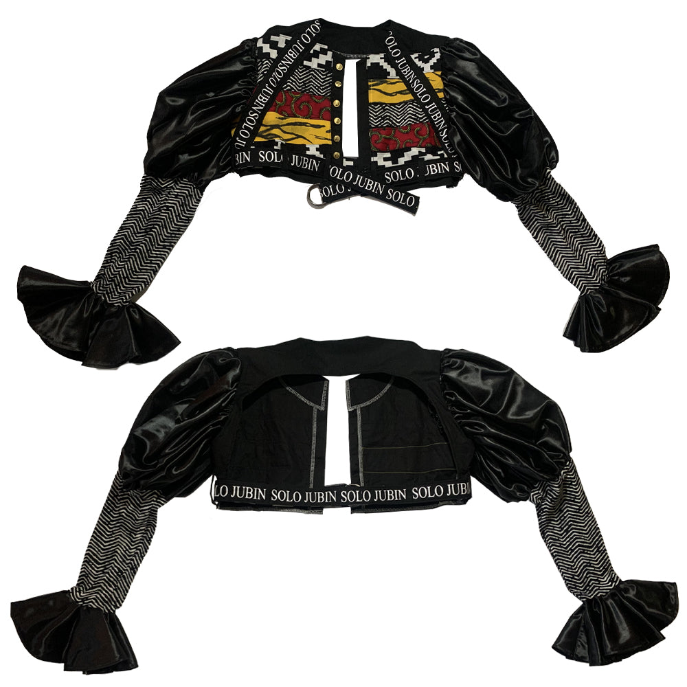African Print Logo Top w/ Satin Puff Sleeves